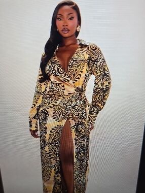 Fashion Nova Gold & Black Wrap Maxi Dress with High Slit